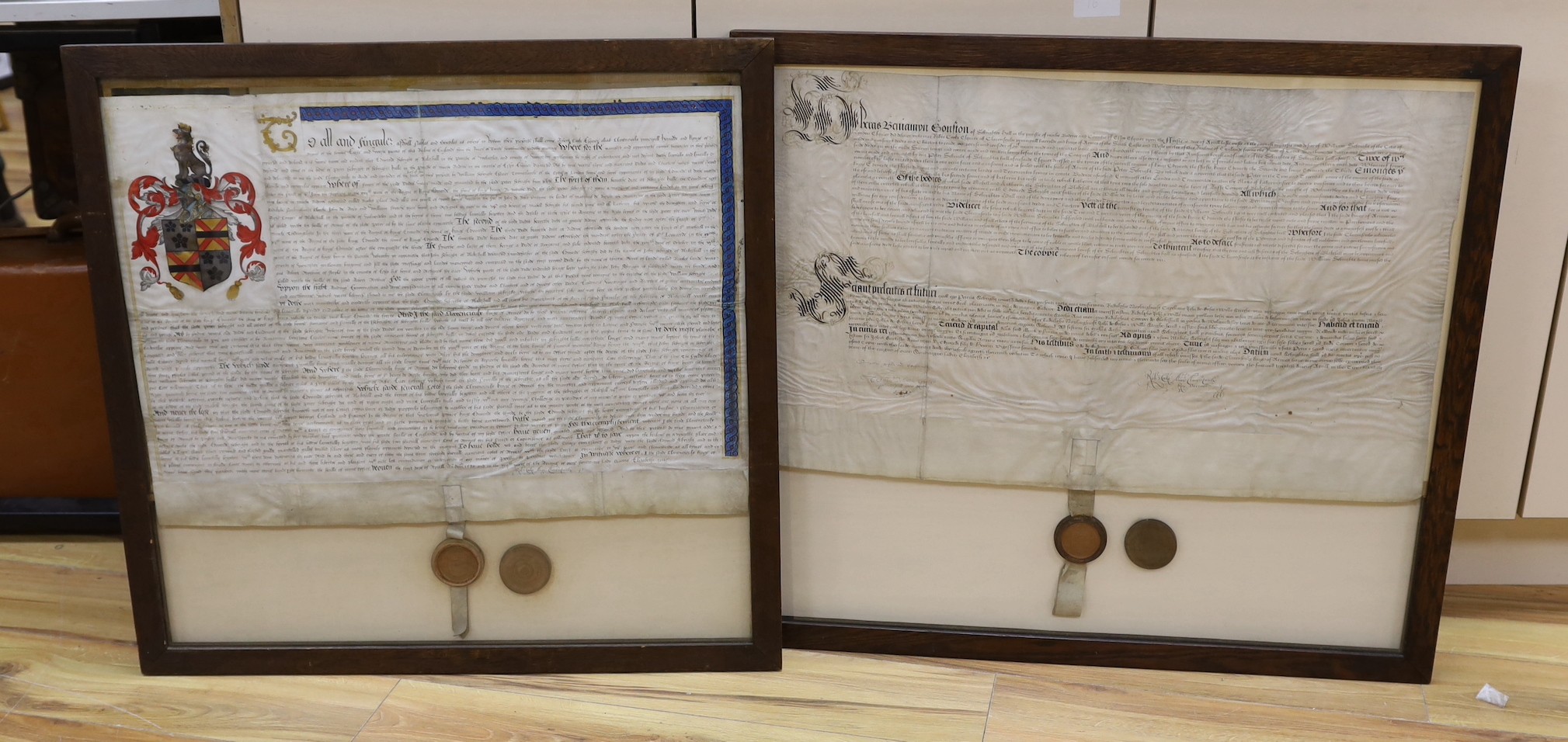 Two documents relating to a grant of arms to Edward Sebright of Blakeshall in Wolverley,