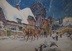 Maurice Wheatcroft, six ink and watercolour original greeting card designs, Victorian winter scenes,