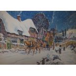 Maurice Wheatcroft, six ink and watercolour original greeting card designs, Victorian winter scenes,