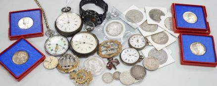Assorted collectable items, including two silver open faced chronograph pocket watch, a chrome cased