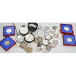 Assorted collectable items, including two silver open faced chronograph pocket watch, a chrome cased