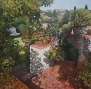 Keith Dunkley (b.1942), oil on board, Flower pots on a garden terrace, signed and numbered 1185,