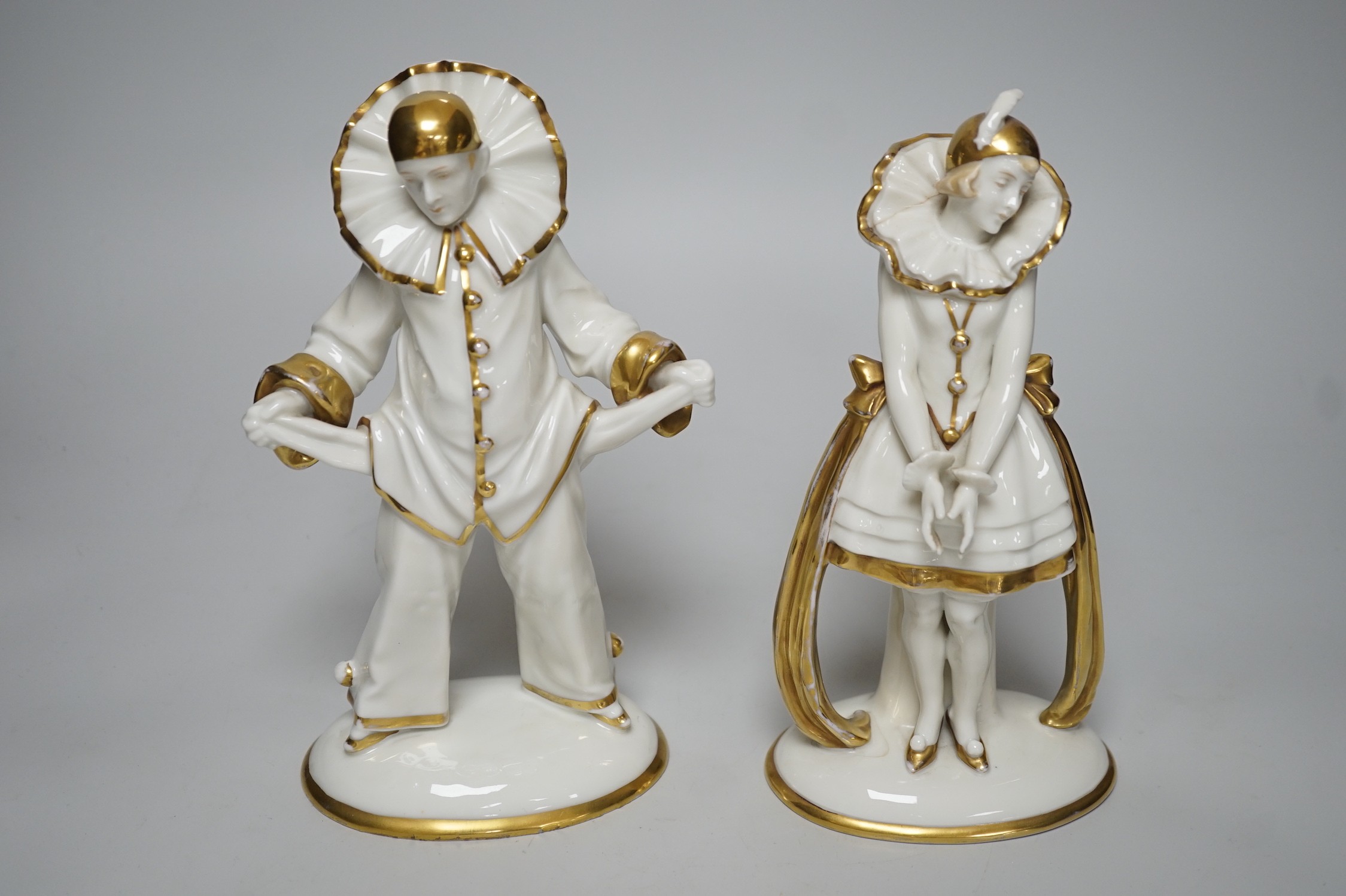 A pair of Sitzendorf Art Deco Pierrot figures, tallest 23cms high - Image 2 of 11