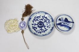 Assorted Chinese ceramics and a Chinese carved hardstone plaque, 7cms wide