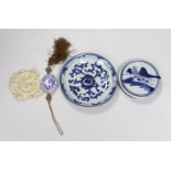 Assorted Chinese ceramics and a Chinese carved hardstone plaque, 7cms wide