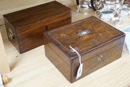 A George IV mahogany tea caddy and a Victorian rosewood and mother of pearl inlaid workbox-30cms