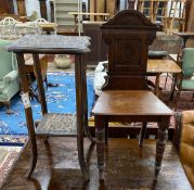 A late Victorian aesthetic movement walnut hall chair, height 88cm together with a chip carved two