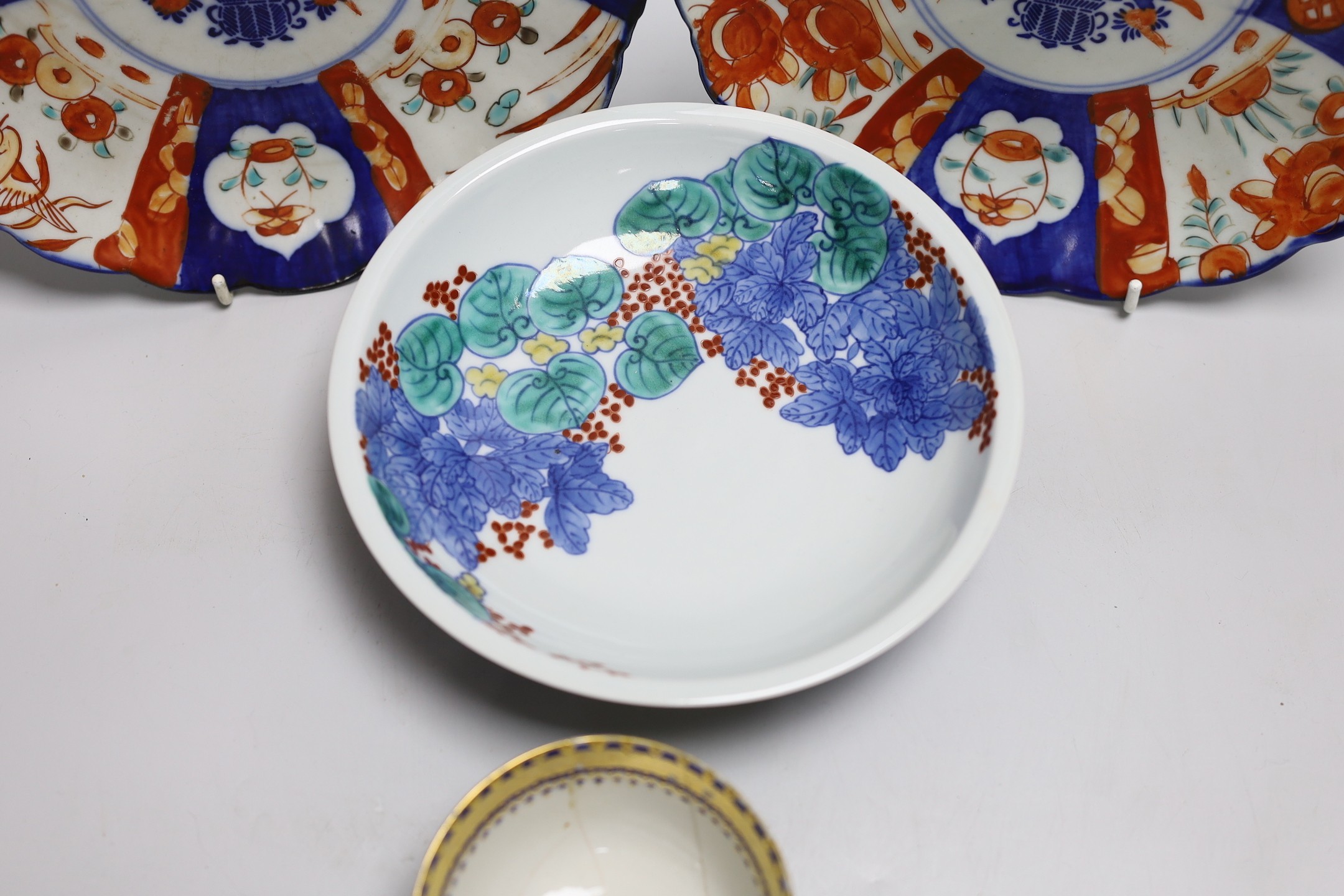 Two Japanese Imari dishes 22cms diameter, a Nabeshima style bowl and a Chinese tea bowl, - Image 3 of 6