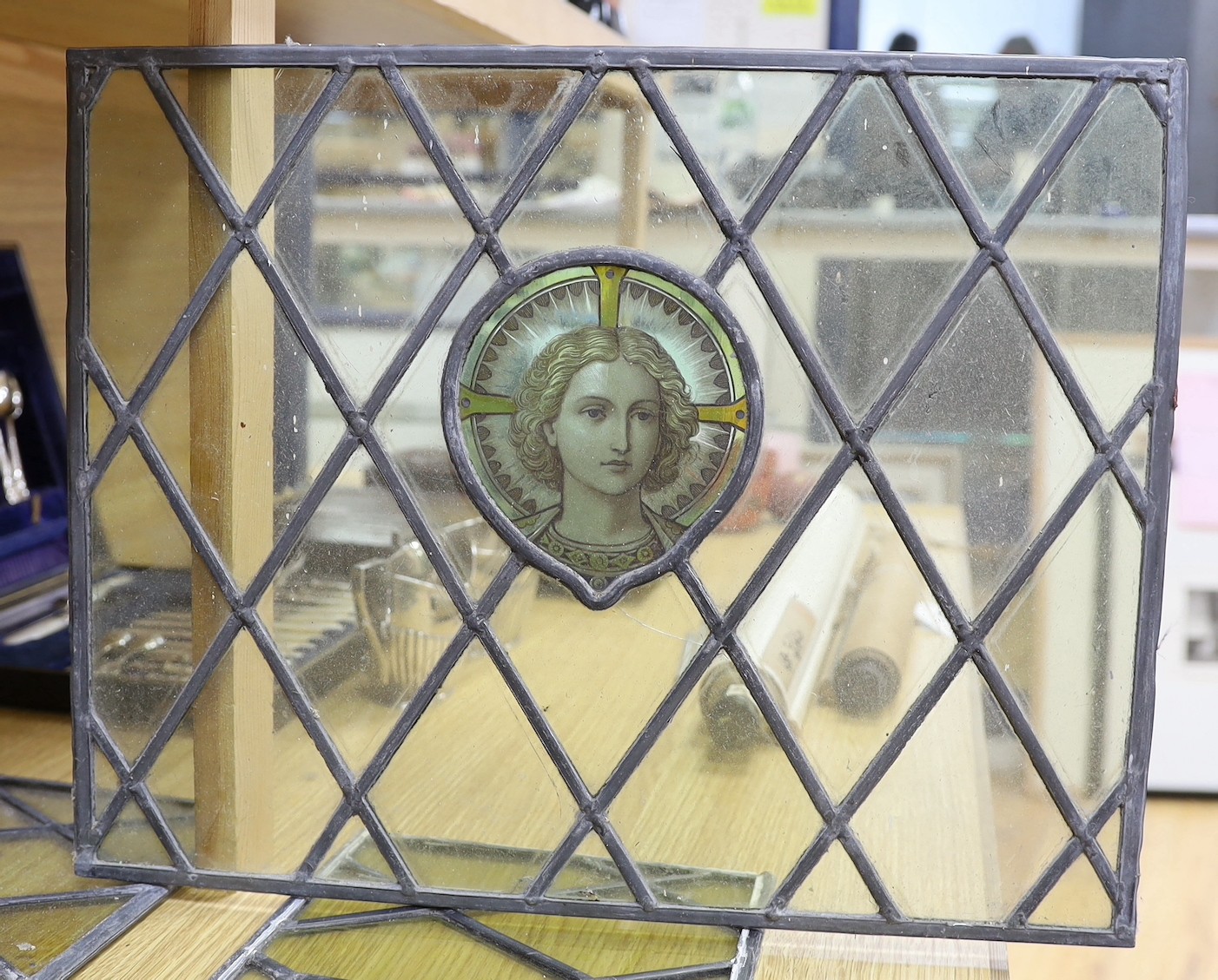 Four late 19th century leaded and stained glass panels, various sizes, with central cartouche - Image 2 of 3