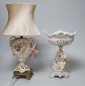 A Sitzendorf figural pedestal bowl and a similar lamp