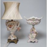 A Sitzendorf figural pedestal bowl and a similar lamp