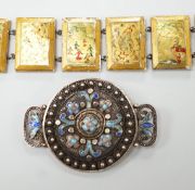 A Persian lacquered mother of pearl panel bracelet, 17cm and a Chinese filigree white metal and '