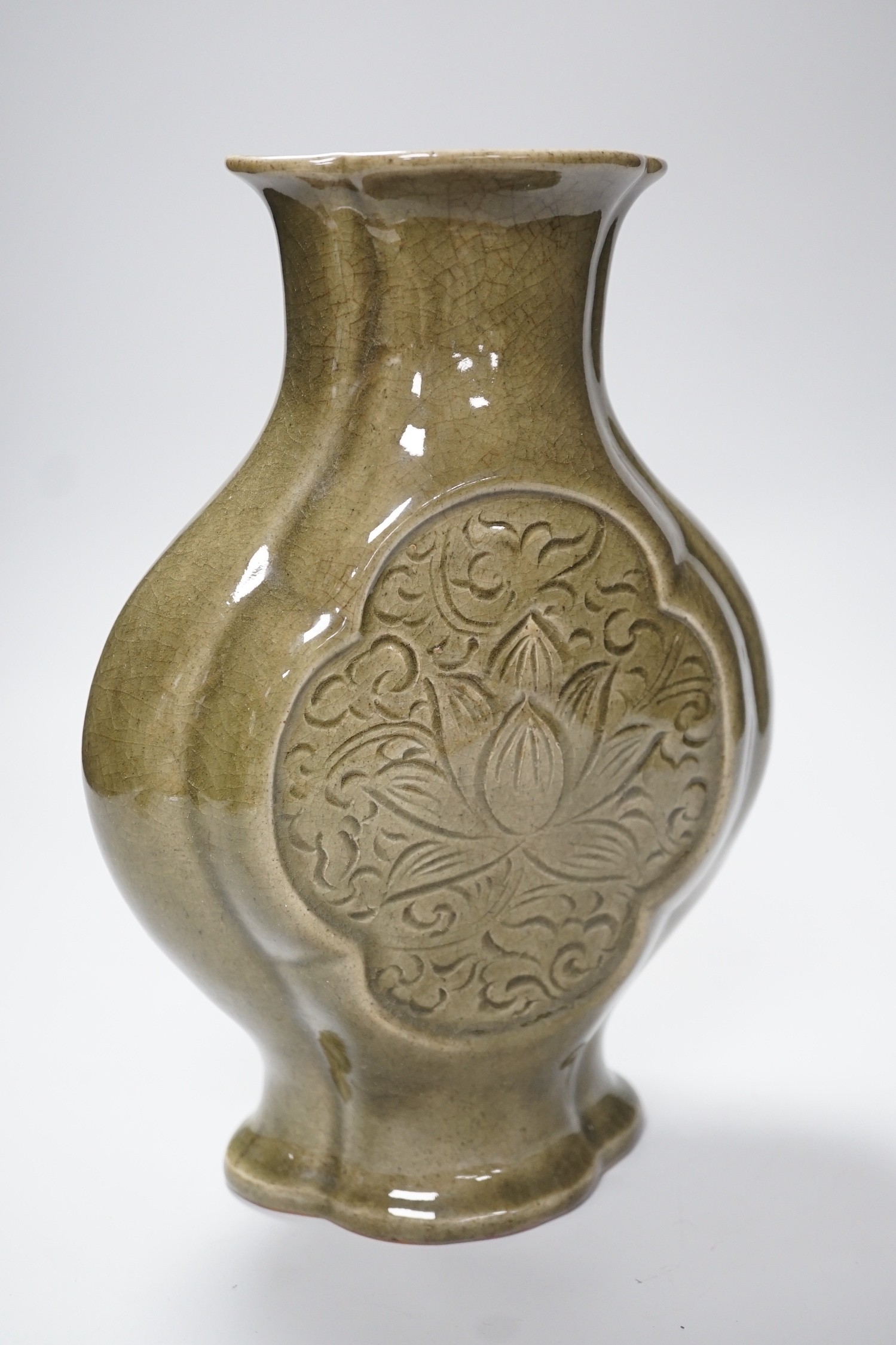 A large Chinese celadon glazed stoneware vase, incised with floral panels, 28cm - Image 3 of 4