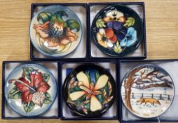 Six boxed Moorcroft pin dishes, A Woodside Farm, Panache, Simeon, Triple Choice, and Anna Lily. Each