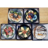 Six boxed Moorcroft pin dishes, A Woodside Farm, Panache, Simeon, Triple Choice, and Anna Lily. Each