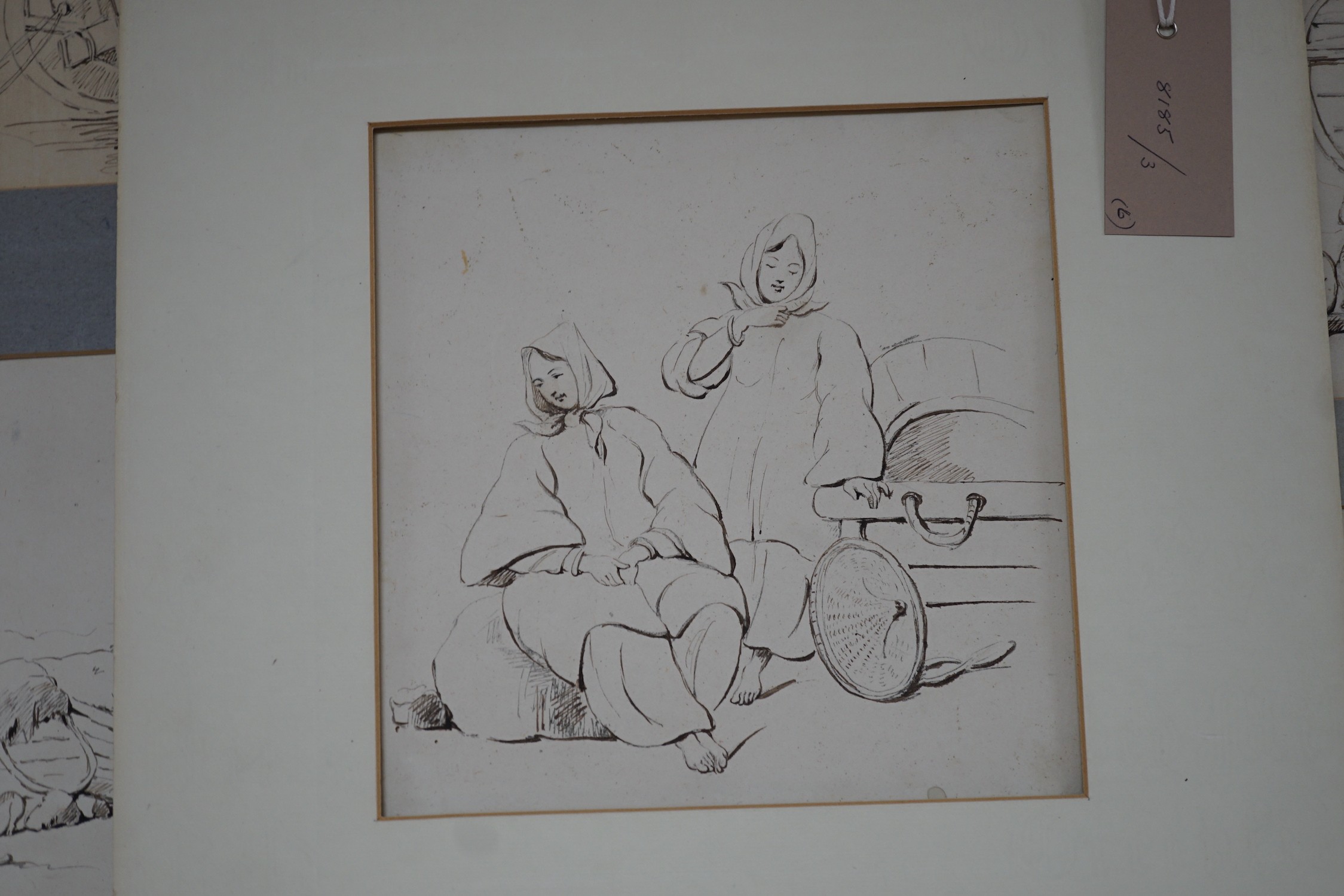 Manner of George Chinnery (1774-1852), six pen and ink drawings, Studies of boatmen, a junk and - Image 2 of 7