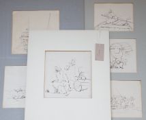 Manner of George Chinnery (1774-1852), six pen and ink drawings, Studies of boatmen, a junk and