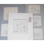 Manner of George Chinnery (1774-1852), six pen and ink drawings, Studies of boatmen, a junk and