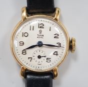A lady's 1950's 9ct gold Tudor Royal manual wind wrist watch, with Arabic dial and subsidiary