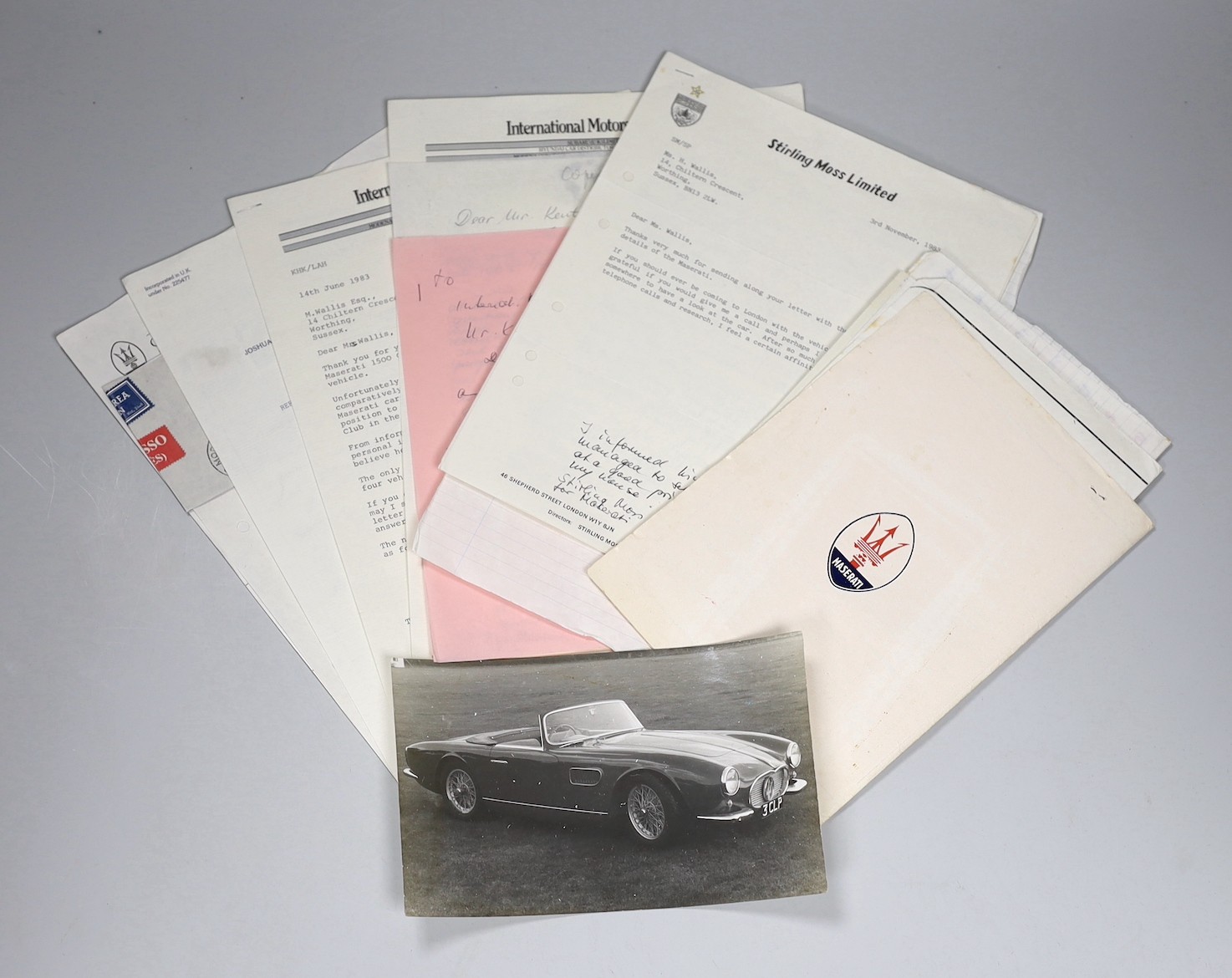 Maserati related ephemera including signed Stirling Moss Limited correspondence