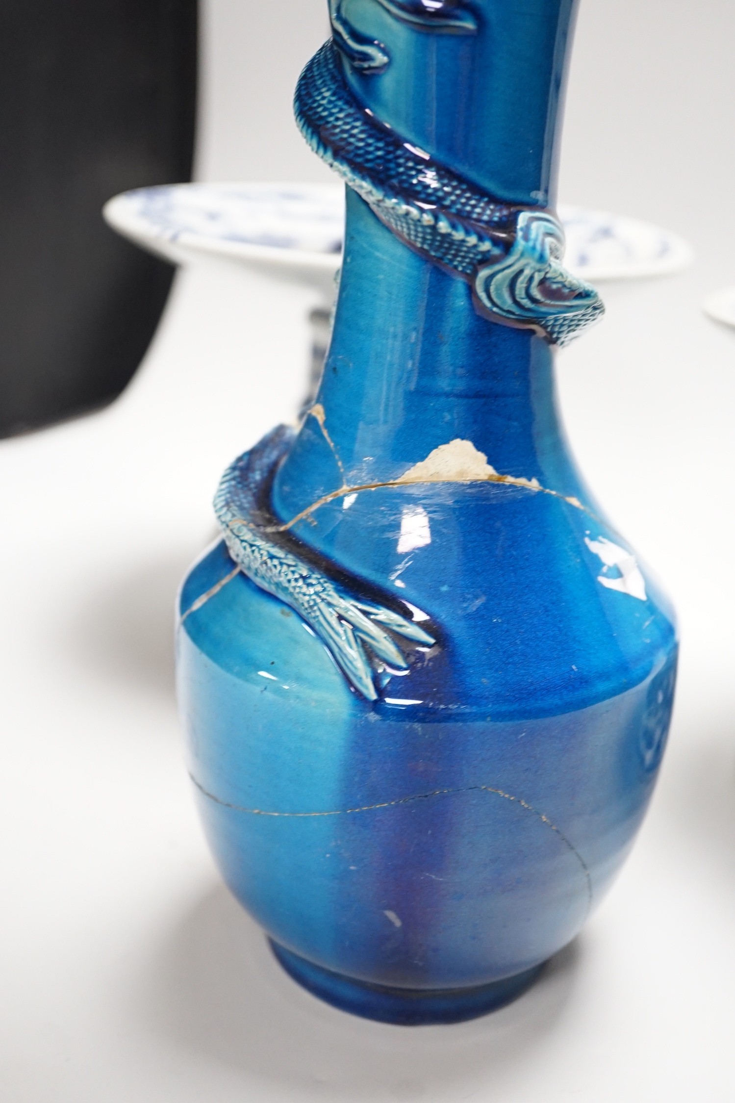Two Chinese blue and white candlesticks and a turquoise glaze dragon vase, 30cms high - Image 3 of 9