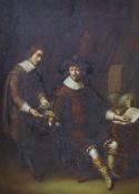 Collier, oil on wooden panel, modern oil on the 17th century style, Interior with two figures,