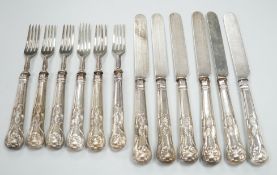 Six pairs of Victorian silver Kings pattern dessert eaters, John Gilbert & Co, Birmingham, 1871, (