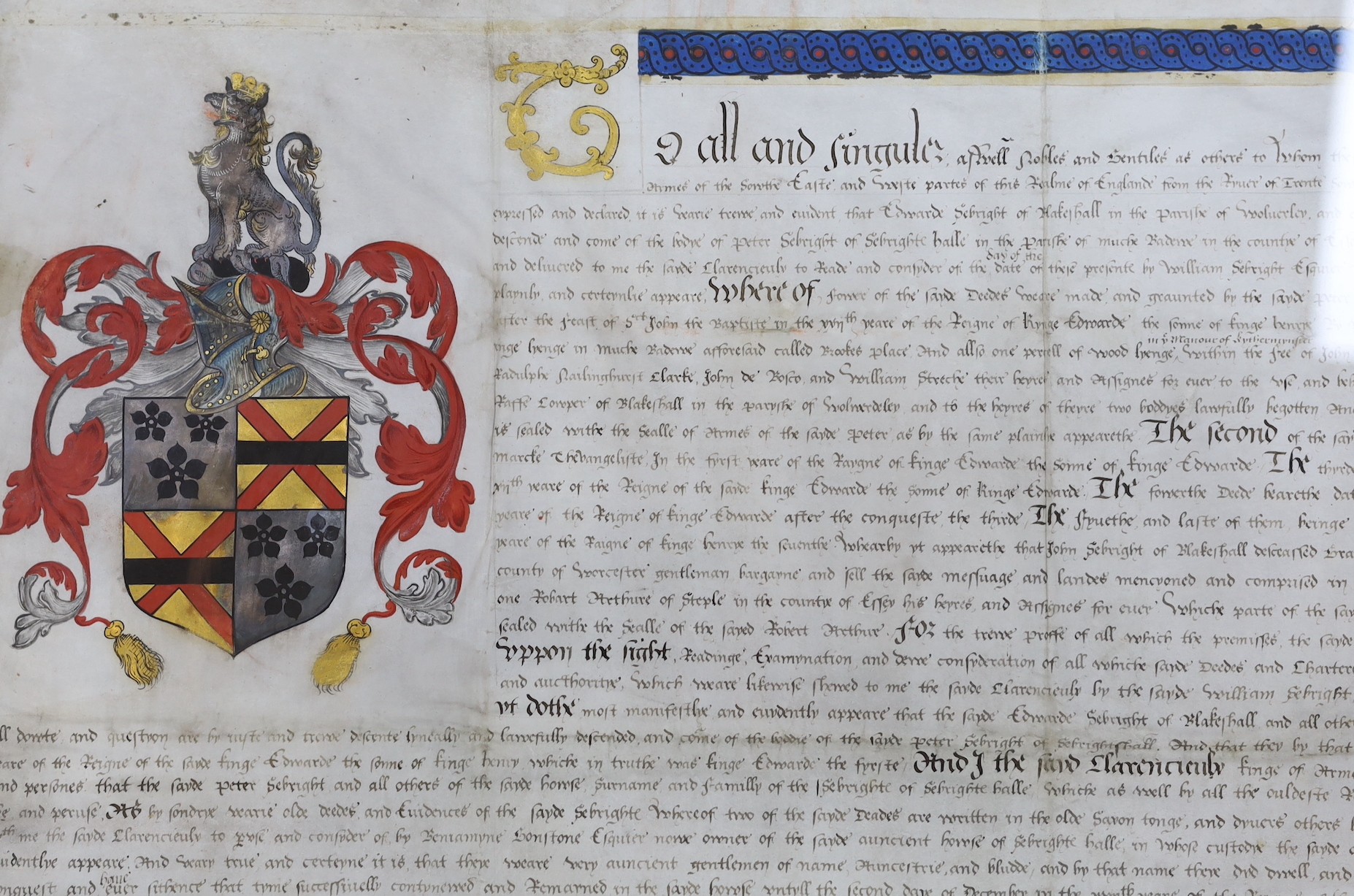 Two documents relating to a grant of arms to Edward Sebright of Blakeshall in Wolverley, - Image 3 of 14