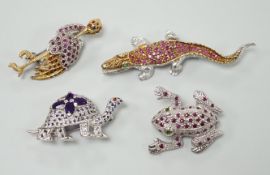 Four assorted modern white metal and coloured paste set miniature animal brooches, three stamped