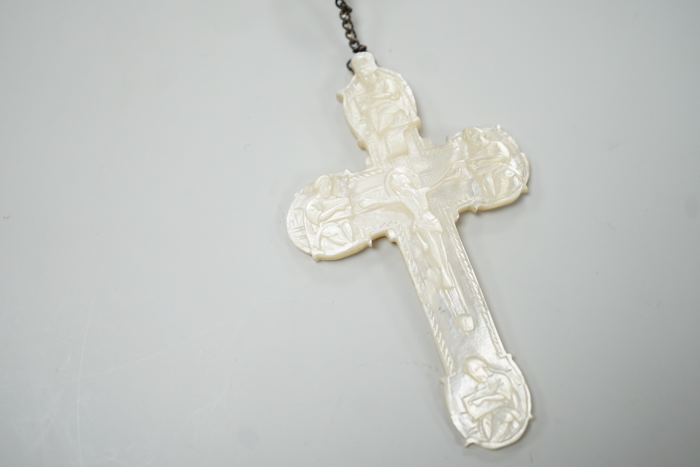 A long mother of pearl multi bead necklace, 158cm, with carved mother of pearl crucifix pendant, - Image 3 of 8