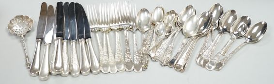 Five Canadian Birks sterling table forks, one sterling teaspoon and six sterling handled table