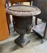 A Victorian style cast iron campana garden urn, diameter 48cm, height 61cm