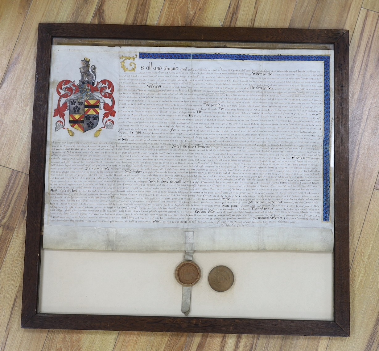 Two documents relating to a grant of arms to Edward Sebright of Blakeshall in Wolverley, - Image 2 of 14