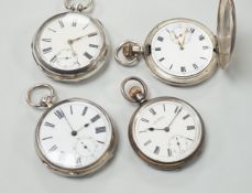 Three assorted Victorian and later silver open face pocket watches, including keywind and keyless
