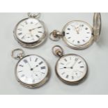 Three assorted Victorian and later silver open face pocket watches, including keywind and keyless