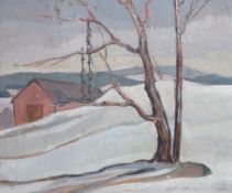 Swedish School, oil on board, Tree in a winter landscape, indistinctly signed, 30 x 35cm