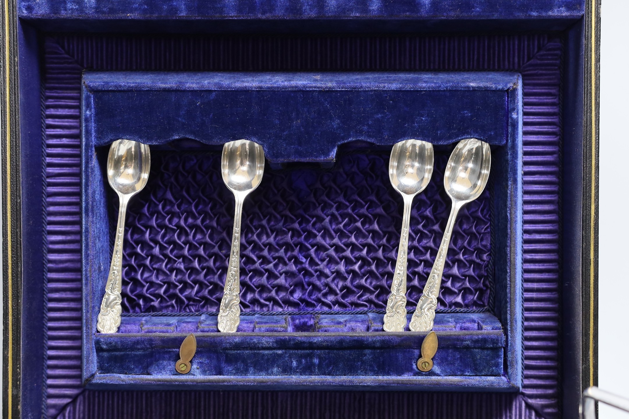Six pairs of silver plated and engraved dessert knives and forks, with server, mother of pearl - Image 3 of 4