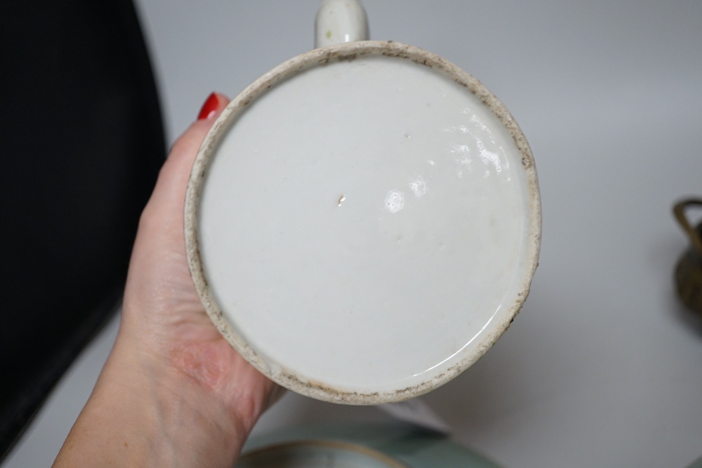 A pair of Chinese celadon ground famille rose plates, a Chinese famille rose tea pot and a bronze - Image 8 of 11