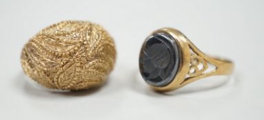 Two modern 9ct gold rings, including hematite signet ring, gross weight 12.5 grams.