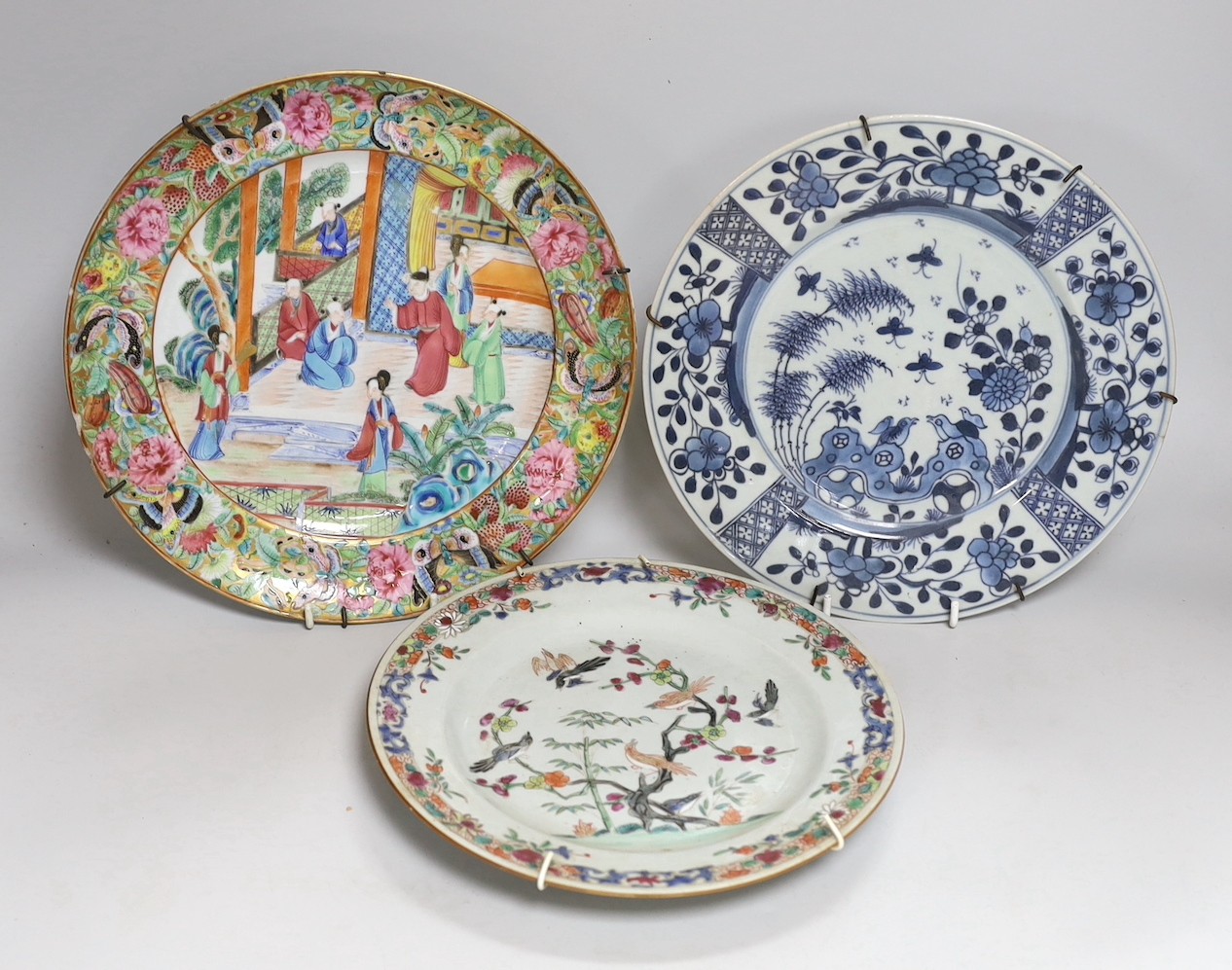 A 19th century Chinese enamelled porcelain dish, 25.4cm and to 18th century Chinese exports
