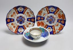 Two Japanese Imari dishes 22cms diameter, a Nabeshima style bowl and a Chinese tea bowl,