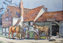 Bertha Stamp, four ink and watercolour postcard designs, vintage country scenes with working horses,
