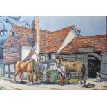 Bertha Stamp, four ink and watercolour postcard designs, vintage country scenes with working horses,