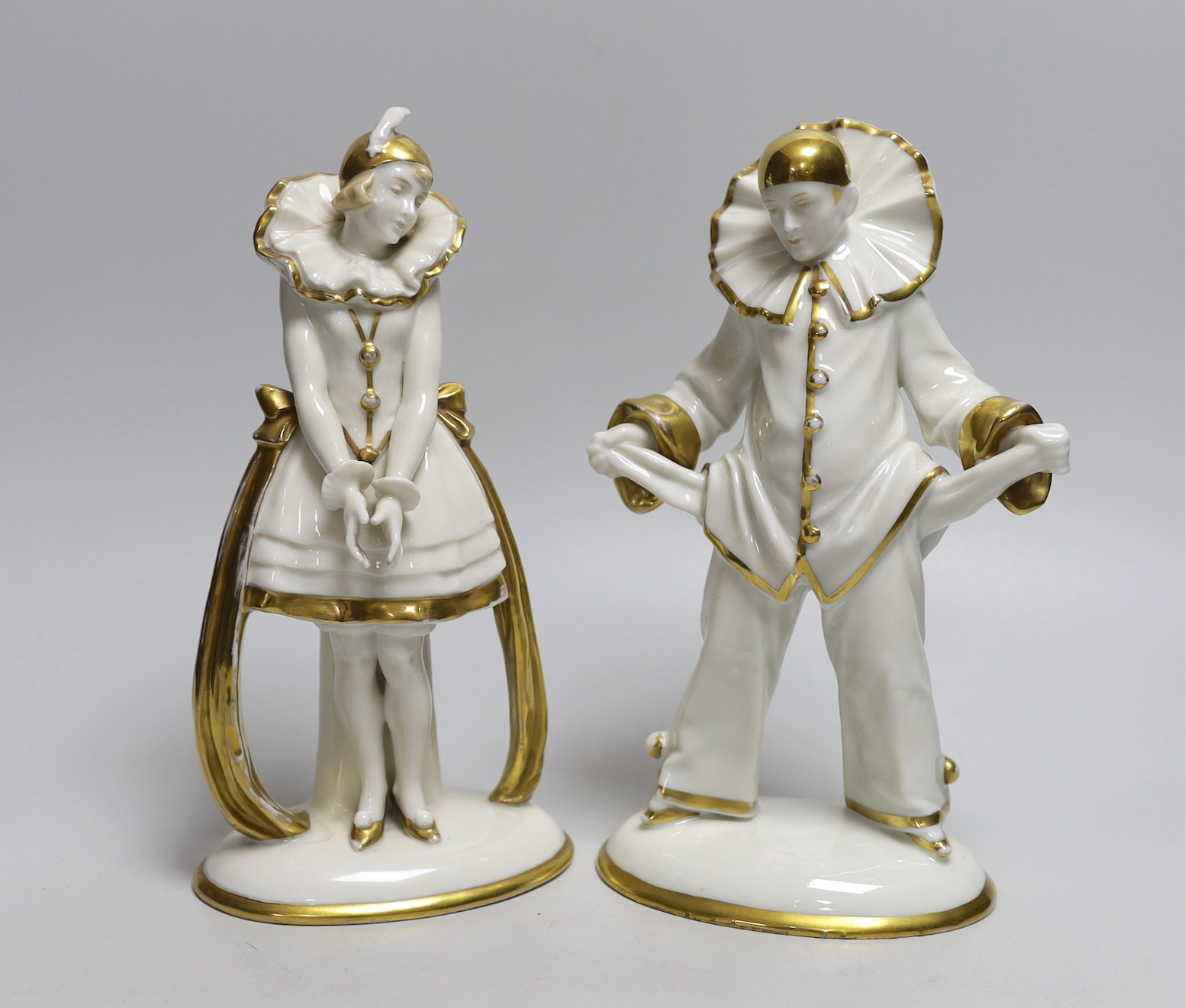 A pair of Sitzendorf Art Deco Pierrot figures, tallest 23cms high - Image 9 of 11