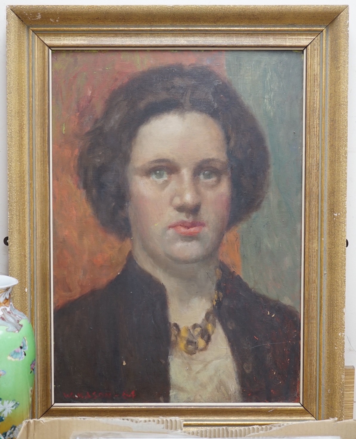 William Mason (1906-2002), oil on board, Portrait of a young woman, signed and dated '64, 60 x 42cm - Image 2 of 6