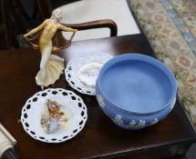 An Art Deco Katzhutte a female dancer, a Wedgwood fruit bowl and a pair of basketweave dishes,