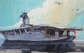 Leslie Carr (1891-1961), two watercolours with gouache, vintage postcard designs of Naval ships 'HMS