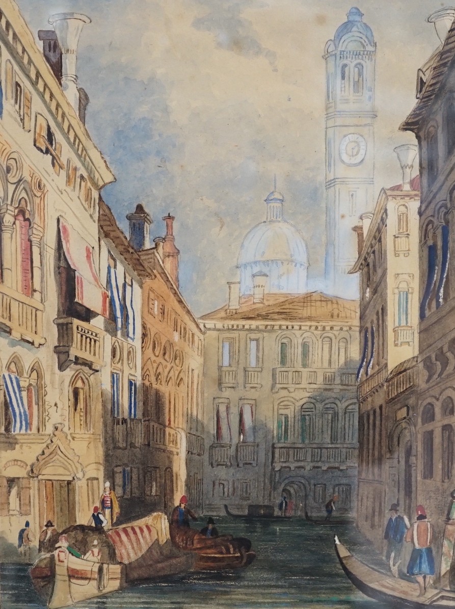 Manner of Samuel Prout, two watercolours, Venetian canal scene and boatmen beside a bridge,