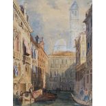 Manner of Samuel Prout, two watercolours, Venetian canal scene and boatmen beside a bridge,