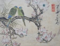 A pair of Japanese watercolours on silk and an painted print of a lady, largest 43x29cm